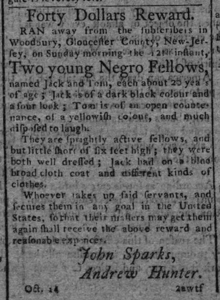 Fugitive slave ad for Jack and Tom, who escaped from Woodbury, New Jersey